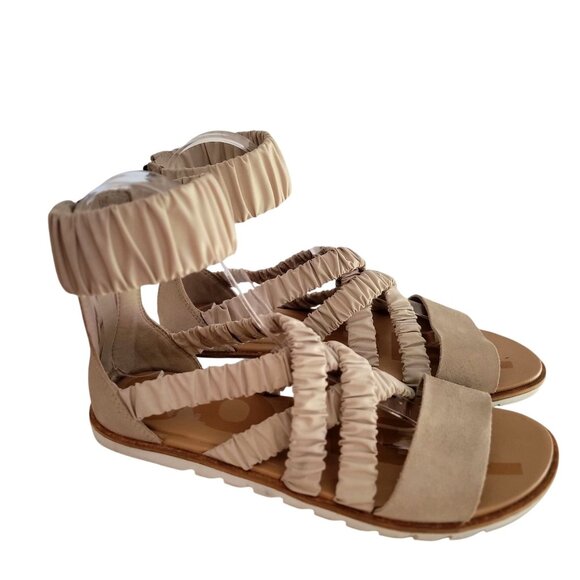 Sorel Ella II Ankle Strap Ruched Elastic Sandals Leather Flats Beige Size 6.5 - Picture 4 of 11